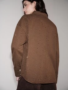 Anewsta Heavy Rhinestone Embellished Long Sleeve Single-Breasted Pocket Casual Denim Shirt - Brown - View 2
