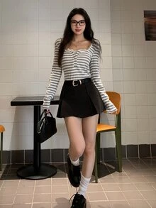 DAZY 女款純色百褶休閒學院風裙 秋季約會校園深灰色 - 深灰色 - 查看 4