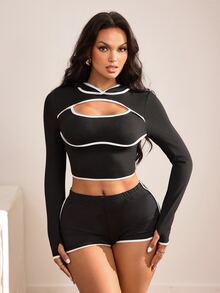 Slayform Black And White Contrast Trim Hollow Out Cropped Sweatshirt - Black - View 3