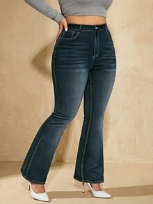 SHEIN EZwear Plus Size Fashion Street Button Pocket Flared Jeans - Blue - View 7