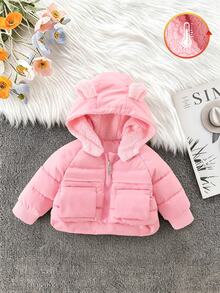 SHEIN Infant/Toddler (Girls) Padded Coat Winter Hooded Lamb Fleece Zipper Pockets, Front Short Back Long Outfit Pink Modest Western - Pink - View 3