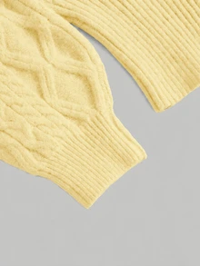 ROMWE Sexy Romantic Thick Knit Z-Pattern Deep Gray Off-Shoulder Lantern Sleeve Pullover Sweater - Light Yellow - View 5
