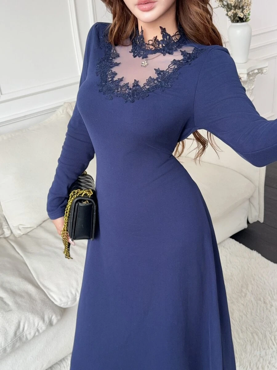 Feyla Gaun Midi Wanita Elegan, Dewasa, Cocok untuk Acara Komuter, Makan Malam, Koktail, Kencan, dengan Patchwork Renda, Warna Biru Tua, Musim Gugur - Royal Blue - View 1