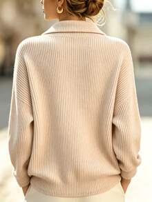 SHEIN Early Autumn New Solid Color Vertical Striped Ribbed Knit Polo Shirt For Women, Loose Fit Drop Shoulder Long Sleeve Half-Open Collar Pullover, Minimalist Versatile Slimming Casual Daily Commute Soft Elegant Top - Khaki - View 2
