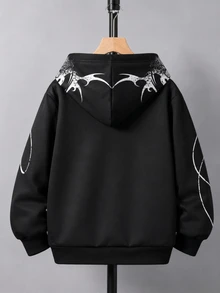SHEIN 青少年男孩字母印花長袖拉鍊連帽衛衣，內層保暖加絨 - 黑色 - 查看 2