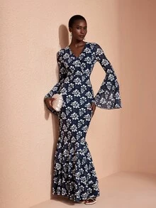 JIAN LASALA Mesh Long Double Layers Sleeve V Overlapped Neckline Uneven Hem Long Dress Vacation Elegant - Multicolor - View 6