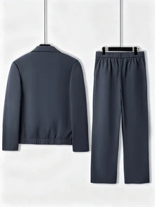 Manfinity Homme 男士卡其色翻領彈性下擺寬鬆休閒兩件式長褲套裝 - 霧霾藍 - 查看 2