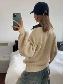 Livesso Women's Solid Color Casual Daily Long Sleeve Sweater Fall - Khaki - View 2