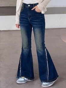 TWEEN GIRLS Tween GirlsDenim Jeans, Vintage Washed Color, Street Style Fashion, Distressed Washed Ripped Hem, Flared Leg, Versatile Fashion New Style - Blue - View 11