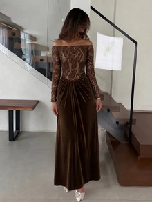 Modelyn New Women's Off-Shoulder Knit Silk Contrast Lace Elegant Sexy Ruched Mermaid Hem Long Dress - Brown - View 6