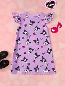 HELLO KITTY AND FRIENDS | SHEIN Young Girl Cartoon Print Round Neck Flutter Sleeve Casual Dress - Purple - View 2