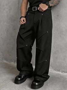 SLATEMANN Men's Black Long Pants, Loose Casual Versatile Long Pants, Rivet Design Cargo Pants - Black - View 1