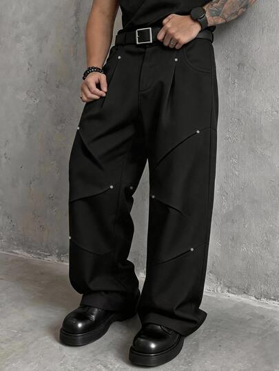 SLATEMANN Men's Black Long Pants, Loose Casual Versatile Long Pants, Rivet Design Cargo Pants