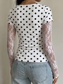 SHEIN EZwear Knitted Lace Patchwork 2-In-1 Women's Long Sleeve Top, Sheer Top - Multicolor - View 2