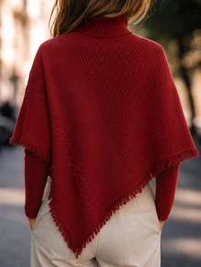 SHEIN 2 Pieces Turtleneck Sweater Set Fringe Cable Knit Asymmetrical Cape Shawl Long Sleeve Ribbed Top - Red - View 2