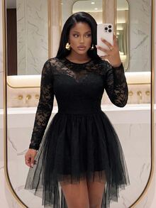 Slaydiva Plus Size Tulle Dress, Black Sheer Lace Long Sleeve High Low Ruffle Hem Prom Gown Fall - Black - View 9