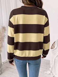 SHEIN LUNE 女款圓領條紋拼接色塊運動衫，適合秋冬穿著 - 白色 - 查看 6