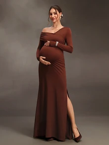SHEIN Maternity Coffee Brown Cinched Waist Pleated One Shoulder Long Sleeve Slit Dress - Coffee Brown - View 4