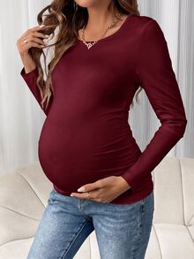 SHEIN Kaos Hamil Warna Polos Leher Bulat Lengan Panjang Slim Fit Kasual Serbaguna - Merah - View 1