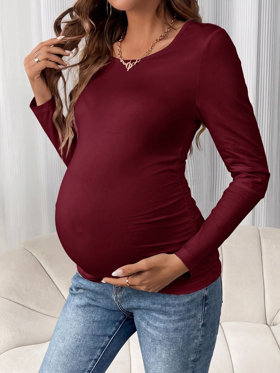 SHEIN Kaos Hamil Warna Polos Leher Bulat Lengan Panjang Slim Fit Kasual Serbaguna - Merah - View 1