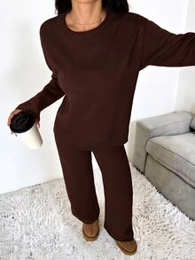 SHEIN PETITE 女款純色圓領長袖毛衣搭配長褲休閒正裝套裝，秋冬款 - 咖啡棕 - 查看 7