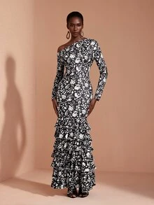 JIAN LASALA Gaun Panjang Rajut Satu Bahu Model Batwing Lengan Panjang dengan Detail Kerut dan Beberapa Lapisan, Elegan untuk Liburan. - MultiWarna - View 4
