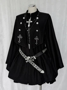 Sunspun Mantel Kancing Bordir Aplikasi Desainer Ukuran Besar untuk Halloween - Hitam - View 5
