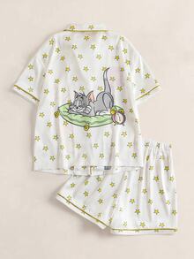 TOM & JERRY X SHEIN Women's Cartoon Print Short Sleeve Top And Shorts Casual Daily Home Pajama Set - White - View 2