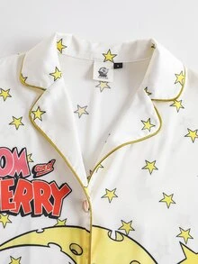 TOM & JERRY X SHEIN Women's Cartoon Print Short Sleeve Top And Shorts Casual Daily Home Pajama Set - White - View 3