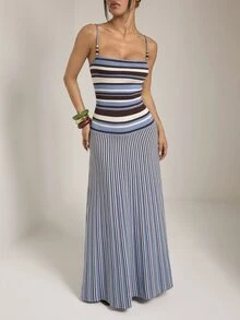 SHEIN PETITE Women's Striped Colorblock Casual Daily Summer Knit Cami Dress - Blue and White - View 4
