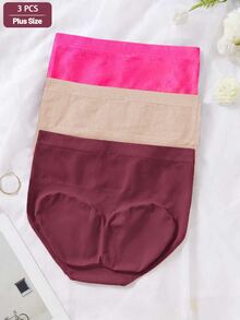 SHEIN 3件組女款大尺碼收腹平坦小腹修身無縫提臀塑身內褲 素色幾何螺紋高彈力塑身三角褲 - 彩色 - 查看 3