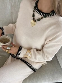 DAZY Autumn/Winter Beige Round Neck Trim Sweater & Loose Wide Leg Pants Casual Versatile Daily Commute Women's Two Pieces Set - Apricot - View 5