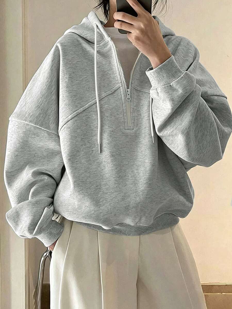 INAWLY 女款素色休閒百搭日常穿著連帽衛衣 - 灰色 - 查看 1