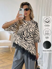 Easowa Curve 大尺碼女款休閒寬鬆街頭風優雅動物紋蕾絲拼接T恤，不對稱下擺夏季上衣，黑白日常街頭風T恤 - 彩色 - 查看 8