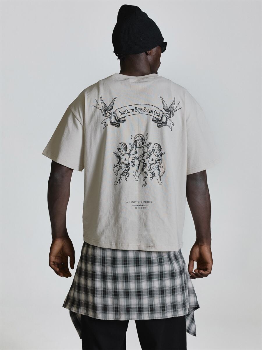 Musero Oversized Tshirt Drop Shoulder Back "Social Club" Graphic Crew Neckline Autum Winter Essentials - Apricot - View 1