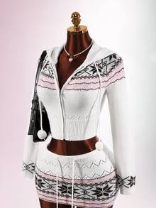 Amplova Women's Fair Isle Style Zip-Up Drawstring Hooded Knit Cardigan - White - View 3