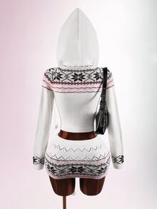 Amplova Women's Fair Isle Style Zip-Up Drawstring Hooded Knit Cardigan - White - View 2