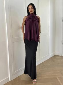 Aloruh Women's Elegant Chiffon Lace Patchwork Ruffle Collar Blouse - Purple - View 3