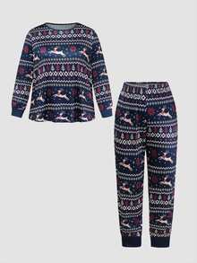 Chillnights Casual Comfortable Christmas Element Striped Fair Isle Print Crew Neck Christmas Plus Size Women's Pajama Set - Multicolor - View 1