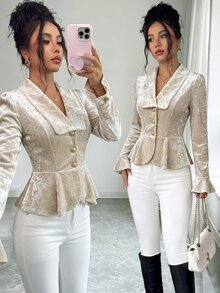 SHEIN Elenzya 女款素色休閒百搭日常長袖夾克 - 卡其色 - 查看 3