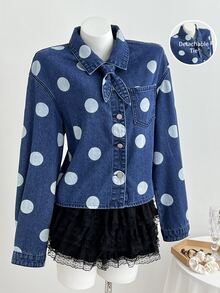 Mori Grove Mori Grove Festival Size Women's Blue Non-Stretch Printed Polka Dot Fitted Long Sleeve Jacket - Dark Wash - View 4