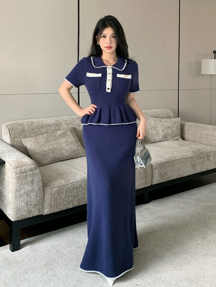 Modelyn Elegant Commuter Short Sleeve Sweater & Knit Skirt 2 Pieces Set - Blue - View 1