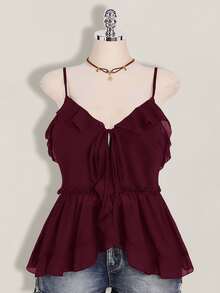 SHEIN ICON Women's Plus Size Ruffle Chiffon Solid Color Front Tie Strap Tank Top - Maroon - View 7