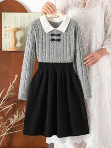 SHEIN Gaun Rajut 2 in 1 Gaya Manis untuk Anak Perempuan, Kerah Warna Kontras, Tekstur Rajut Kabel, Dekorasi Pita, Pinggang Ramping, Gaun Sweater Lengan Panjang Model A-Line - Grey - View 8