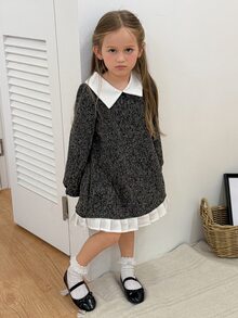 Dazy Kids Young Girl) Waist-Cinching Long Sleeve Contrast Color Lapel Princess Bow Decor Elegant Autumn Dress - Black - View 1