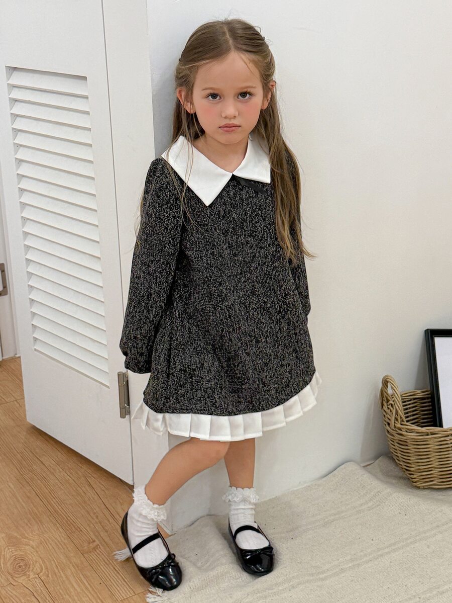 Dazy Kids Young Girl) Waist-Cinching Long Sleeve Contrast Color Lapel Princess Bow Decor Elegant Autumn Dress - Black - View 1