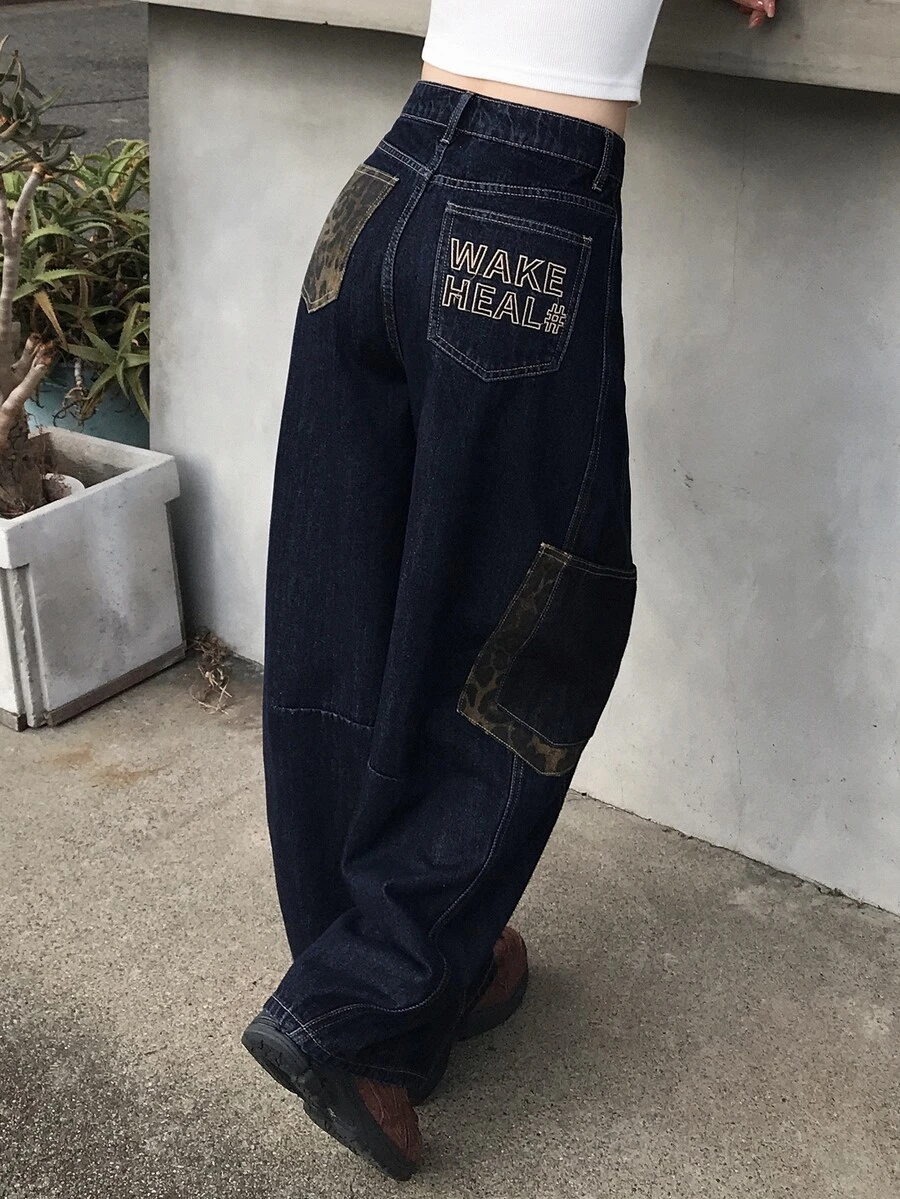 FRIFUL Women's Casual Daily Denim Jeans With Pocket, Button And Letter Pattern - Blue - View 1
