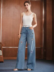 Anewsta Women's Modern Versatile Commuter Heavy-Duty Handmade Rhinestone Embellished Slimming Wide Leg Jeans - Light Wash - View 4