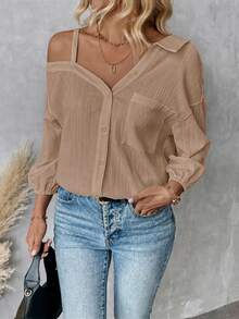 SHEIN Essnce 女款春秋純色不對稱領落肩寬鬆休閒性感上衣 外出穿搭 駝色 - 駝色 - 查看 4