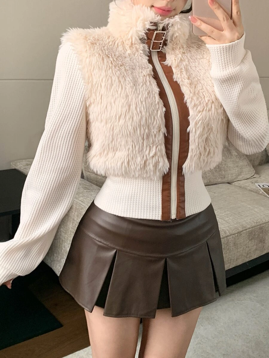 DAZY Jaket Pendek Wanita Musim Dingin Kerah Tegak Kancing Depan Bulu Halus Slim Fit Kasual Gaya Jalanan Kombinasi Warna Patchwork Elegan untuk Perjalanan Sehari-hari - Krem - View 1